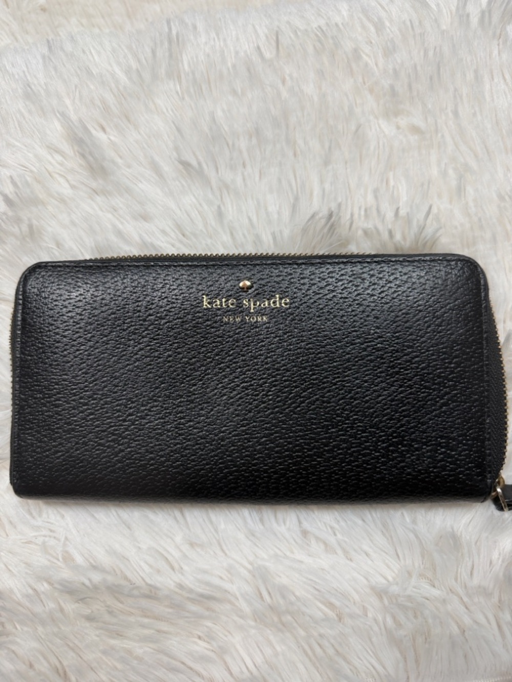 kate spade Black Pebbled Leather Zip Wallet with Gold Logo